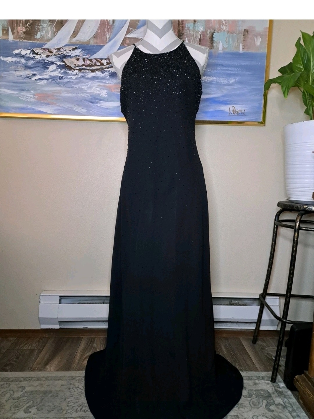Vintage Cachet Beaded Black Formal Maxi Dress